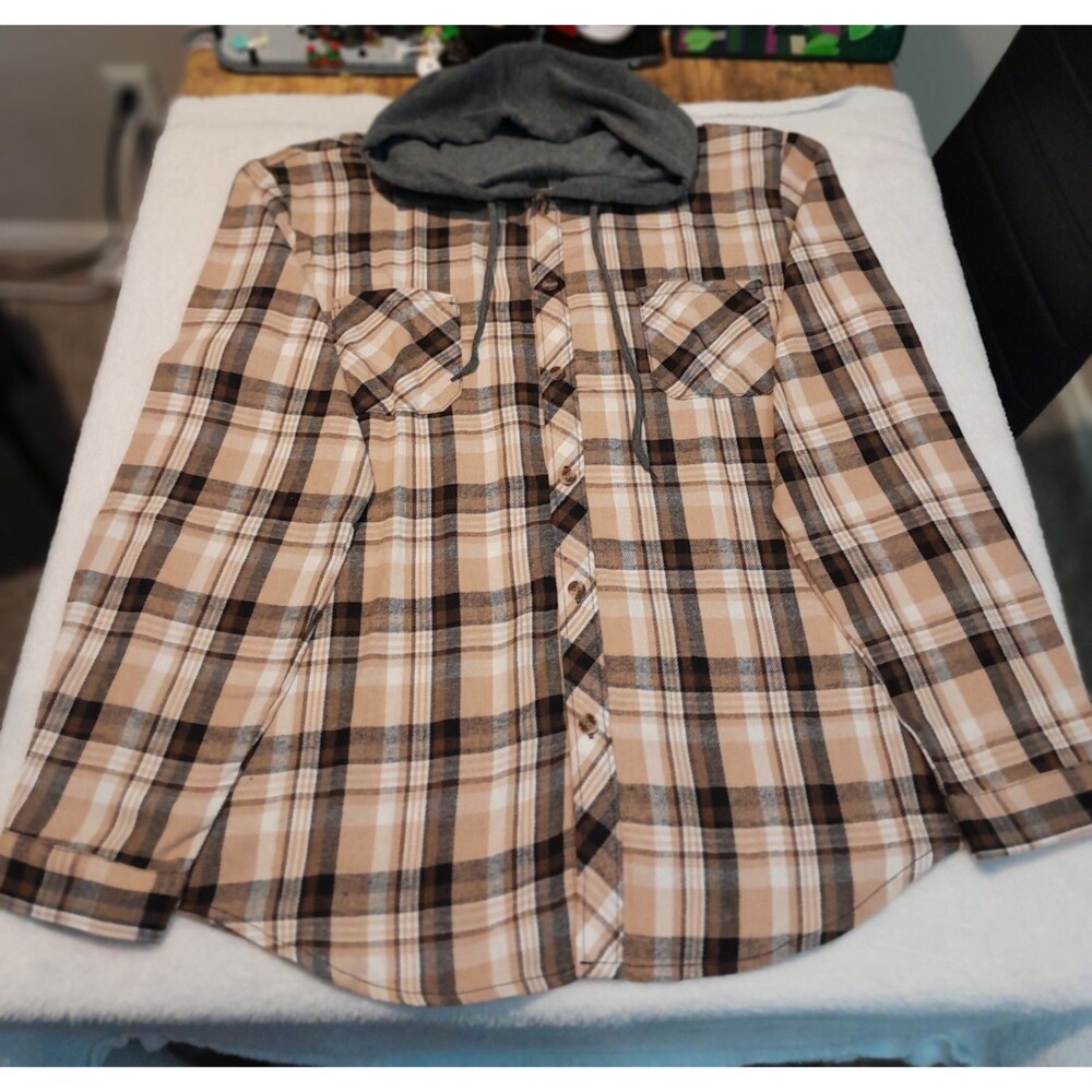 Men's L Plaid Hooded Long Sleeve Button-Up Collared Shirt Tan Black White